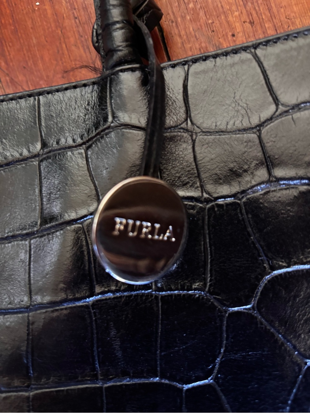Furla Black Croc-Embossed Leather Tote with Silver Charm - Picture 3 of 12